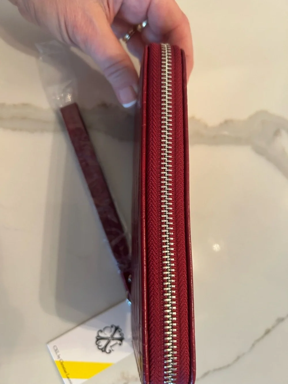 CXL Christian Lacroix faux crocco leather maroon red zip around wallet wristlet